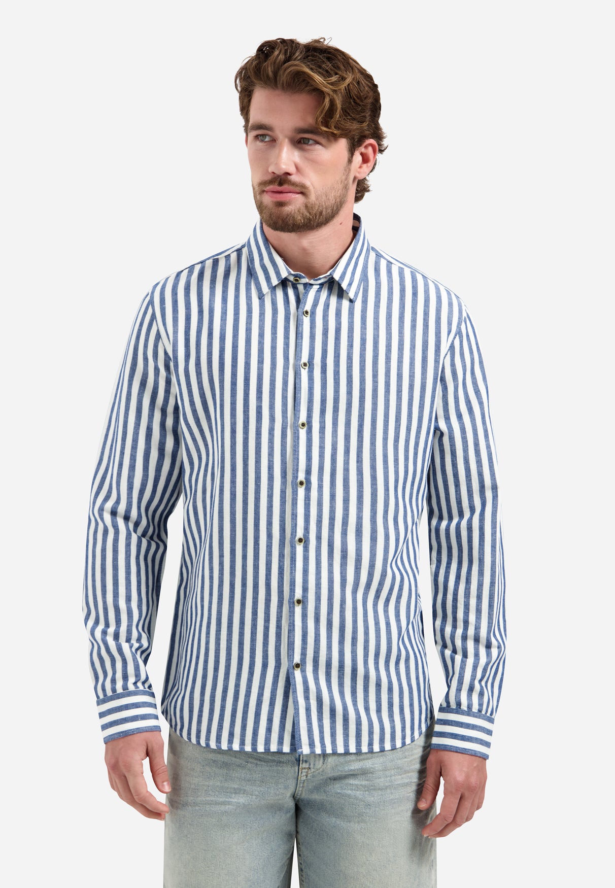 Hemd aus Leinenmischung mit breiten Streifen | Indigo Blue