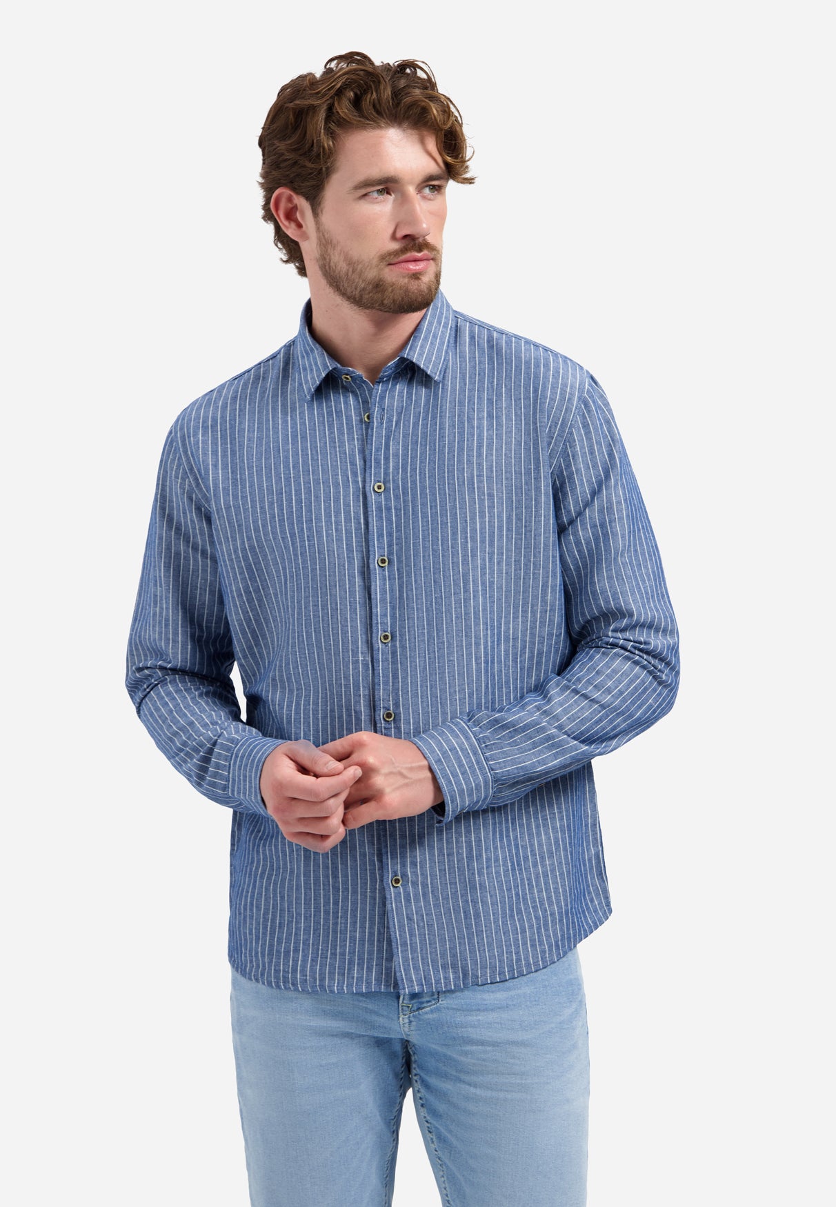 Hemd aus Leinenmischung mit feinen Streifen | Indigo Blue
