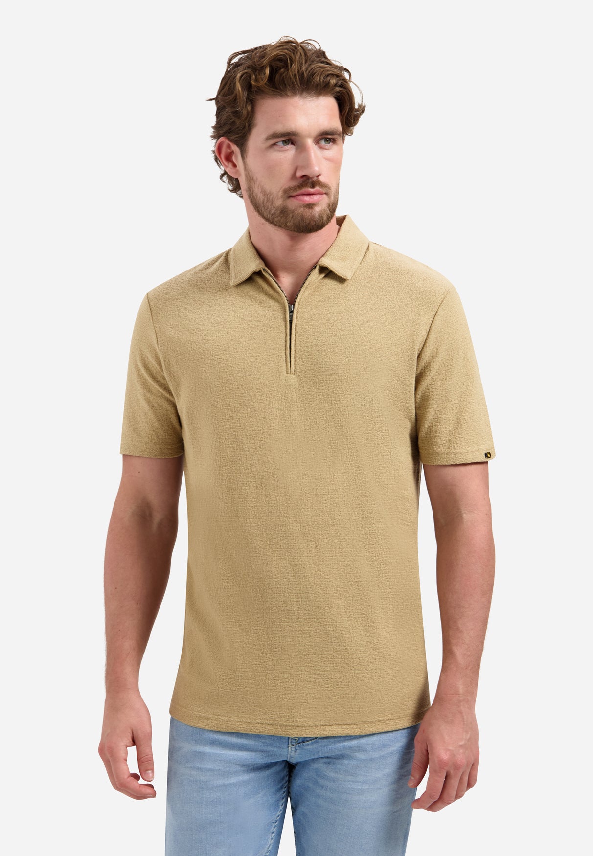 Short-sleeve V-neck polo with a zip-front | Sand