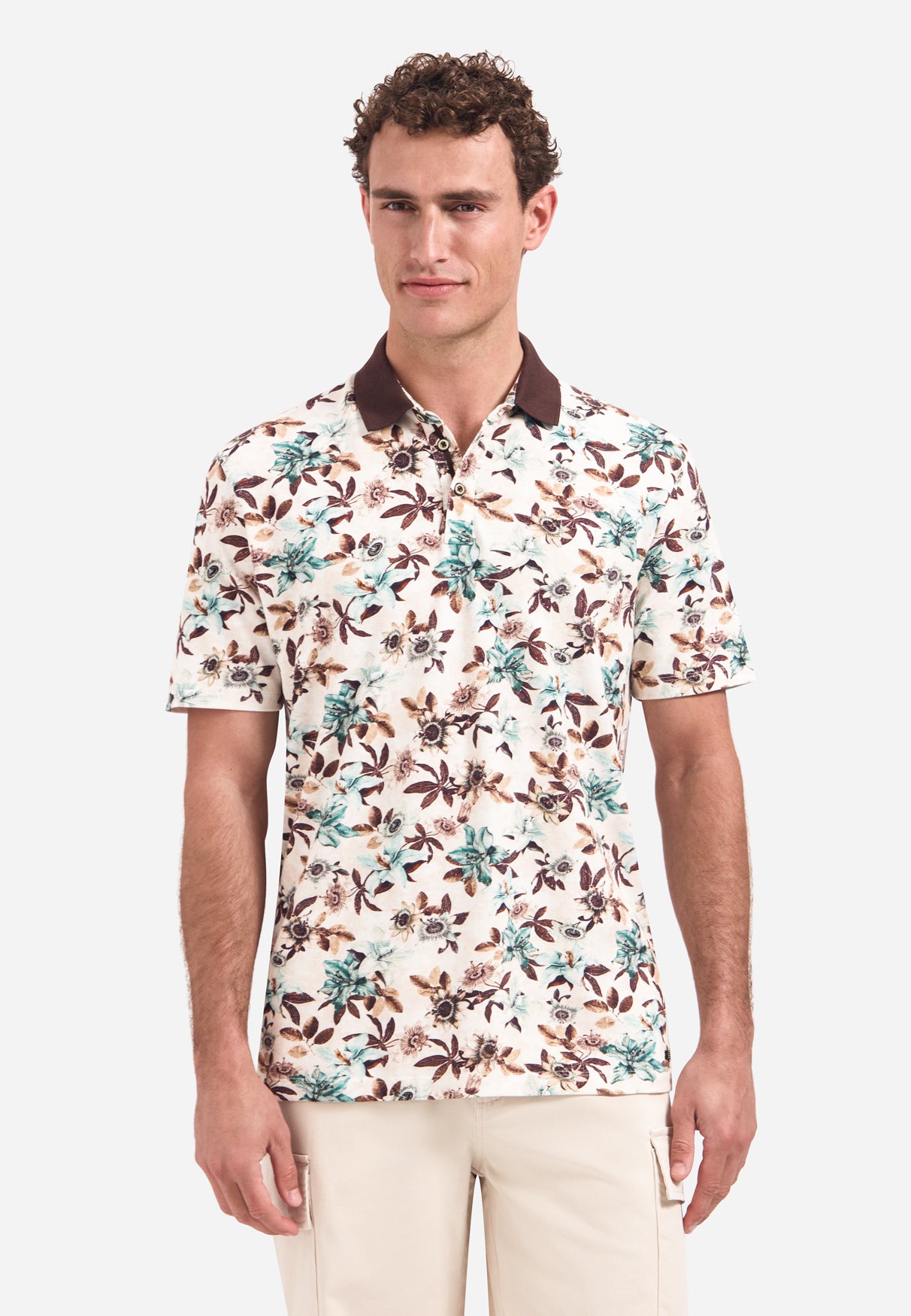 Short-sleeve polo with V-neck and floral print | Seablue