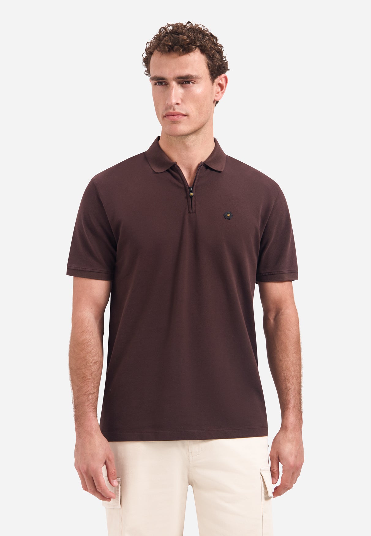 Kurzärmeliges Polo mit halbem Reißverschluss | Dunkelbraun