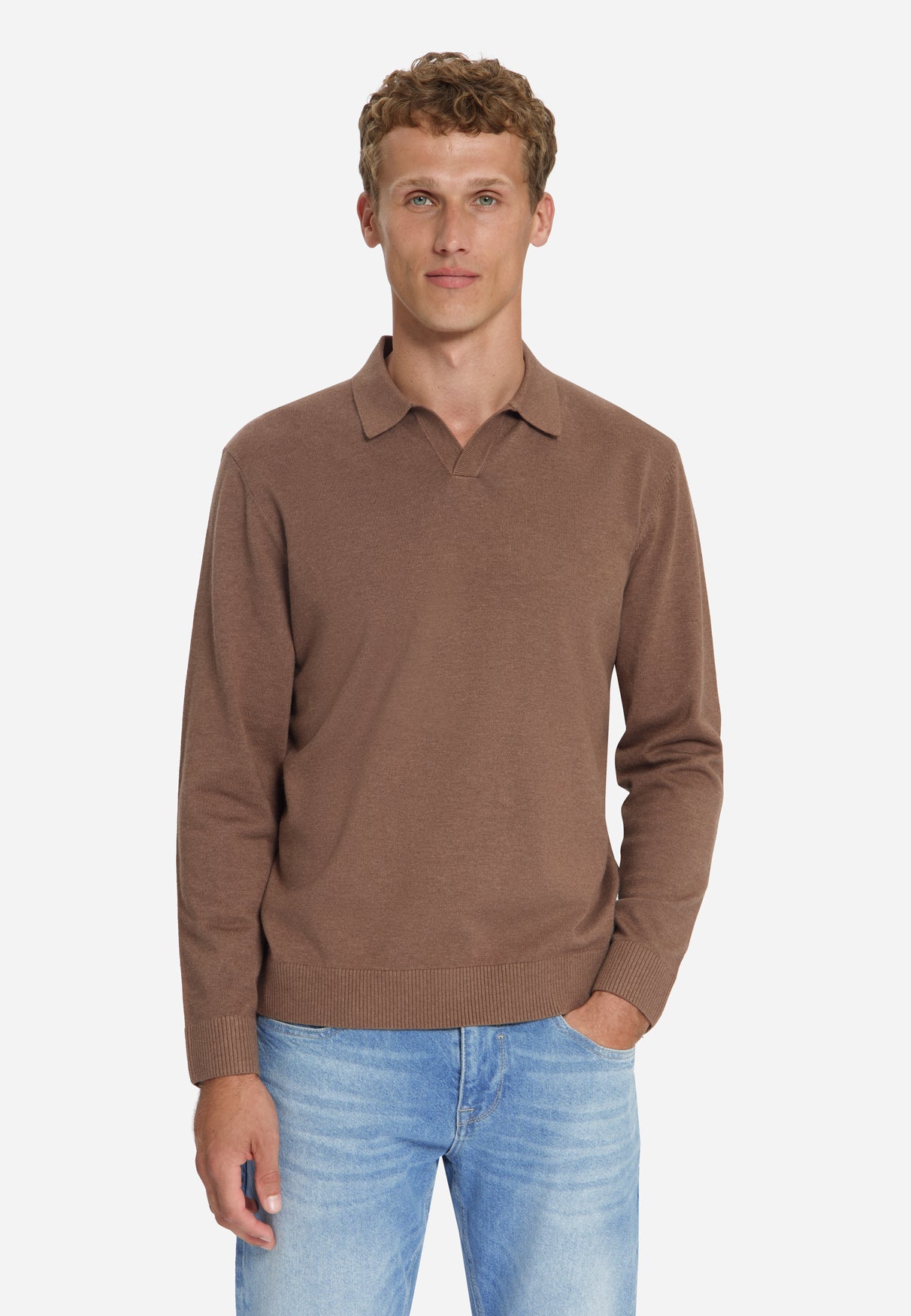 Feinstrick-Polo-Pullover | Hellbraun