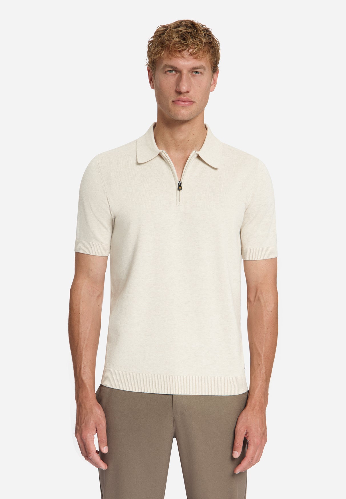 Feinstrick Zip-Polo | Stone
