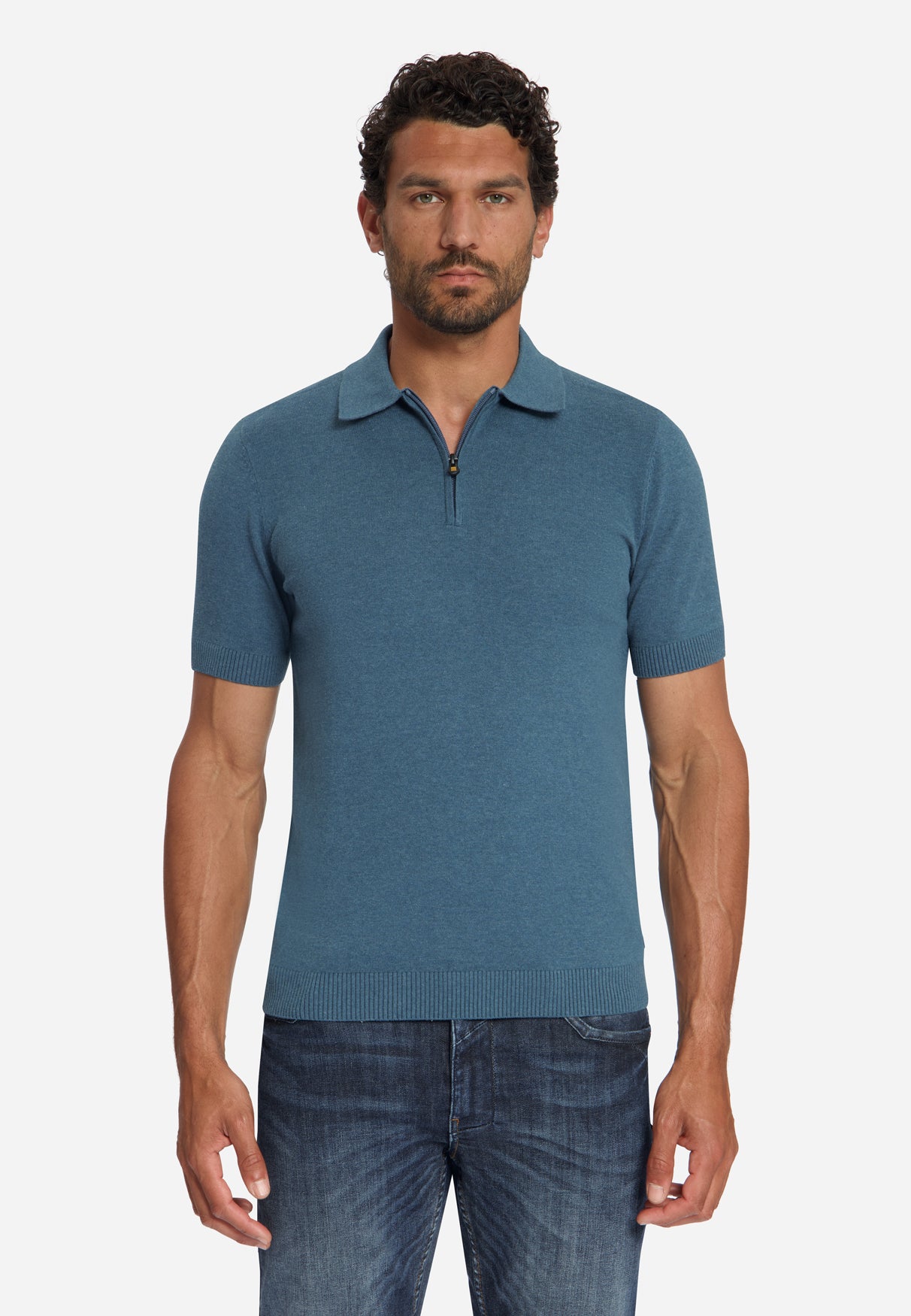 Fine Knit Zip Polo | Shadow Blue