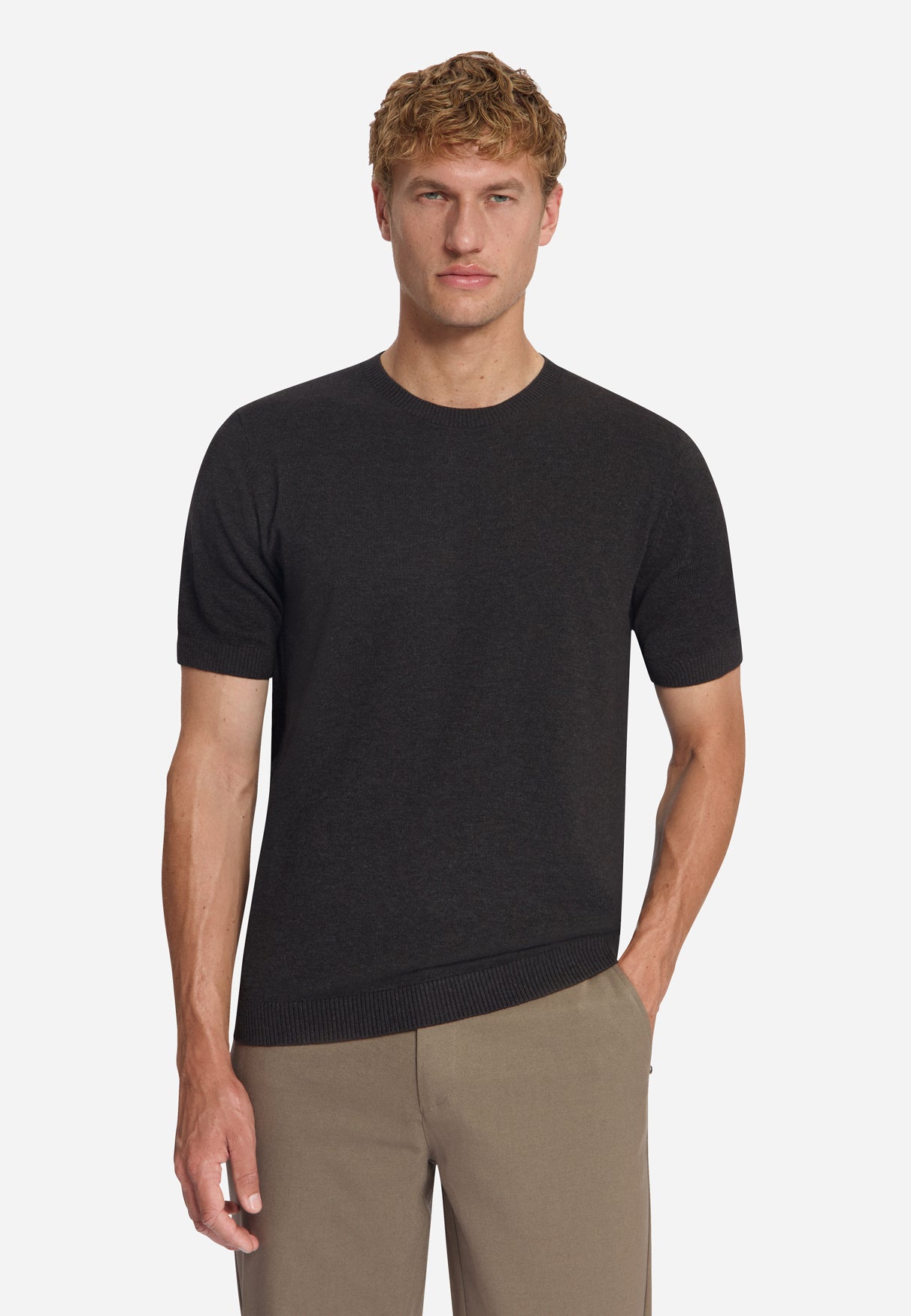 Melange Kurzarm-Strickpullover | Dark Brown
