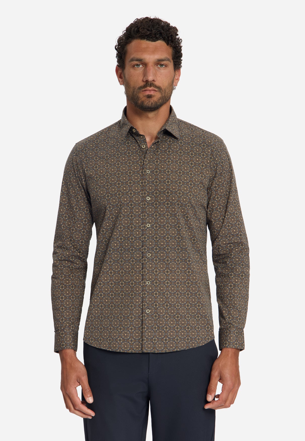 Geometrisch Gemustertes Stretch-Hemd | Caramel