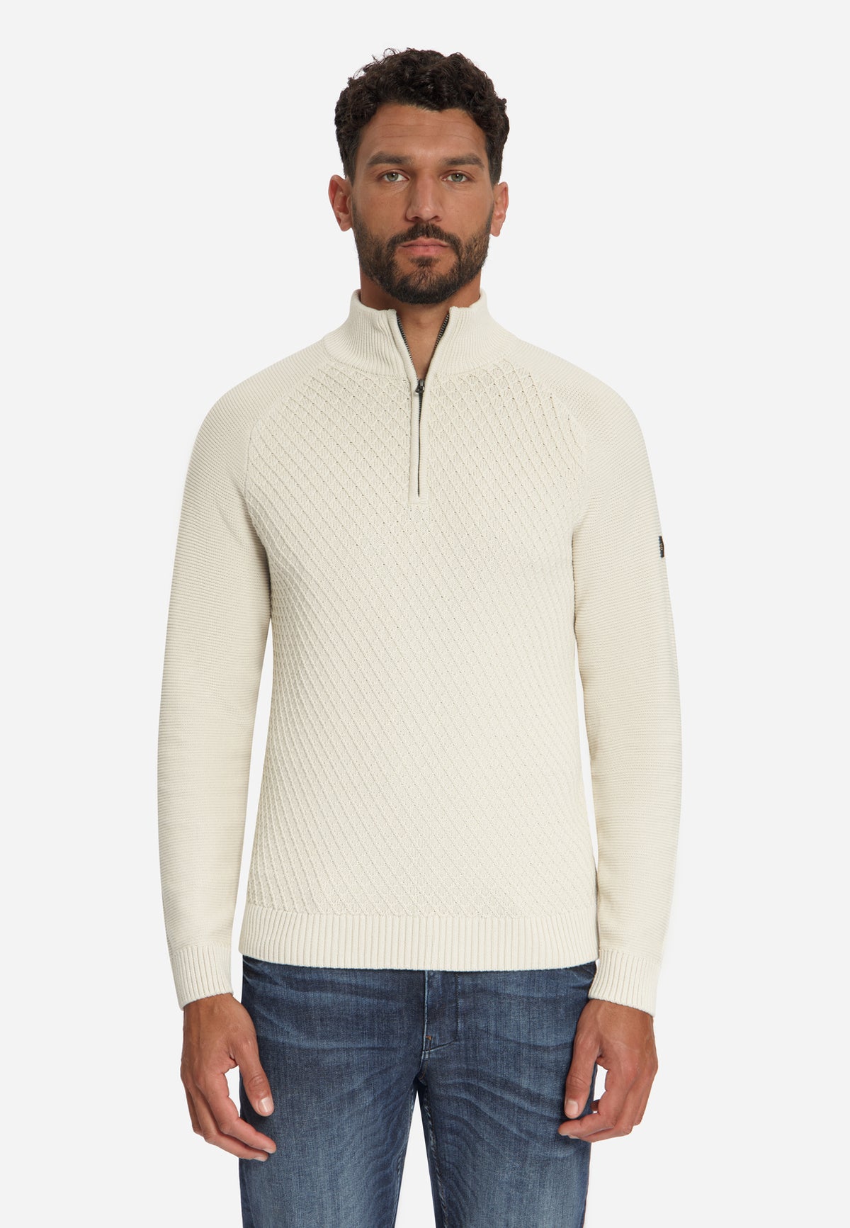 Pullover mit Halbreißverschluss und Zopfmuster | stone