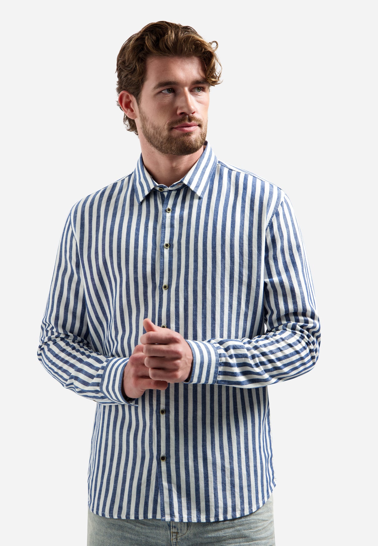 Hemd aus Leinenmischung mit breiten Streifen | Indigo Blue