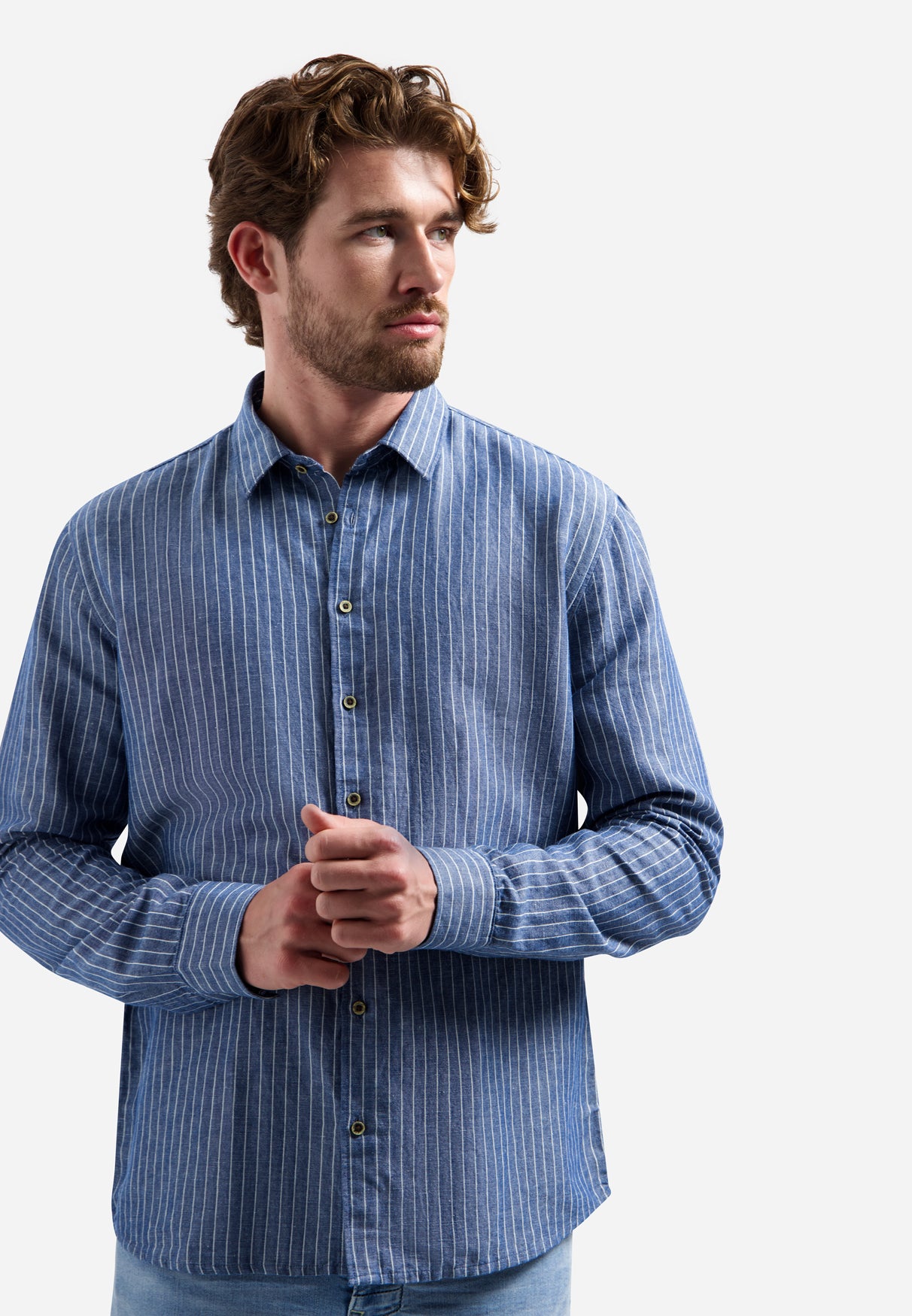 Hemd aus Leinenmischung mit feinen Streifen | Indigo Blue