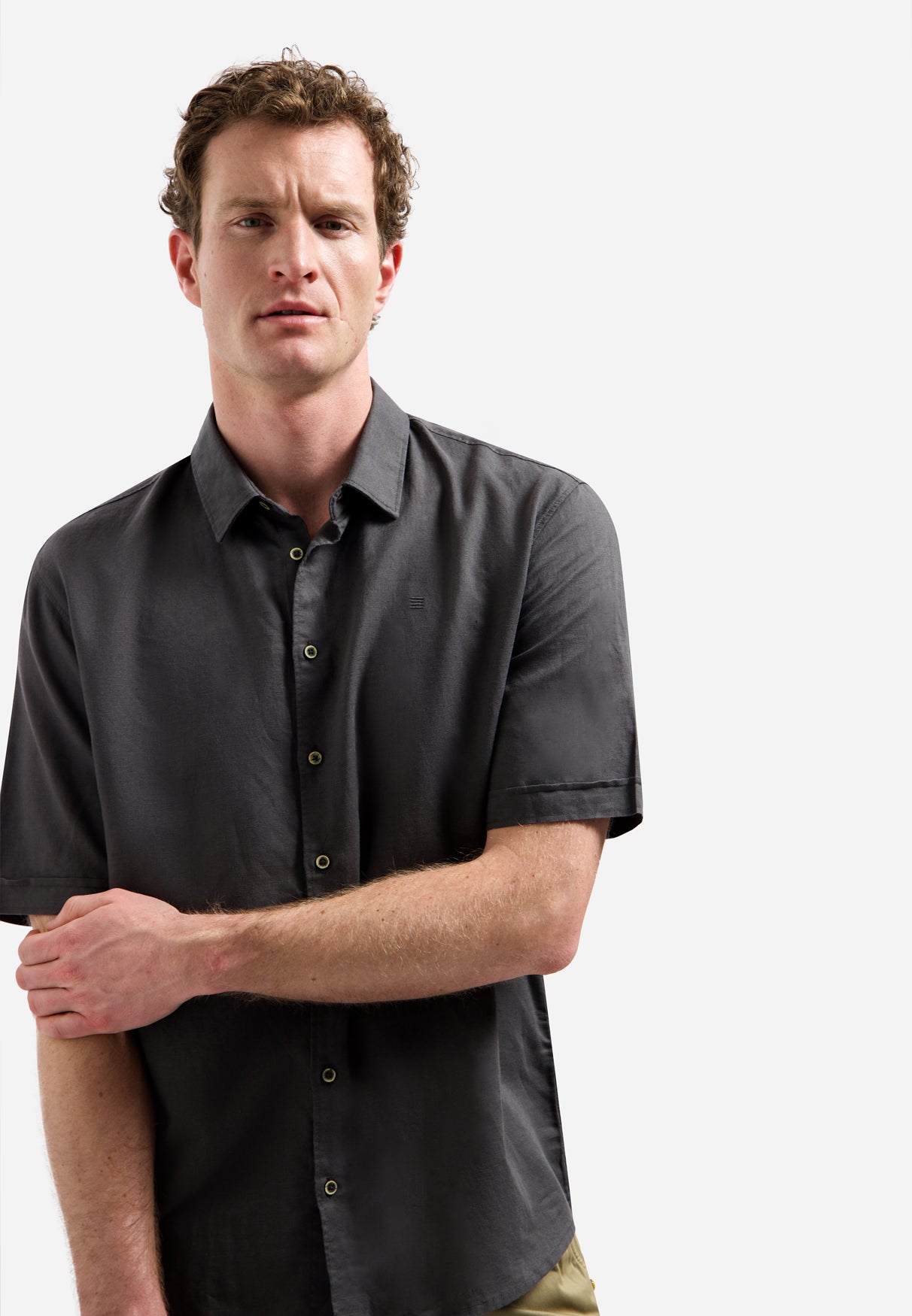 Short-sleeved linen blend shirt | Dark Steel