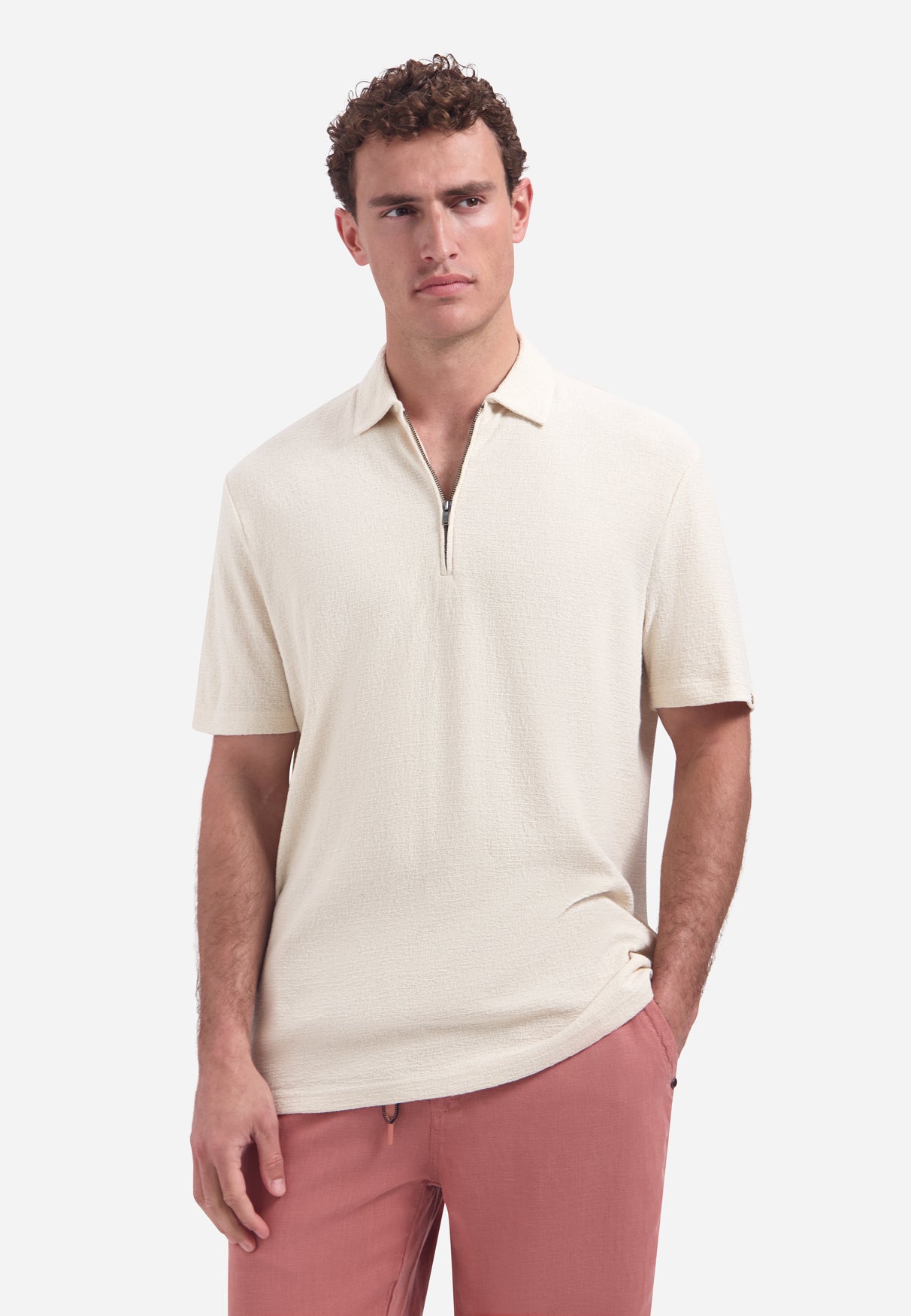 Short-sleeve V-neck polo with a zip-front | Stone
