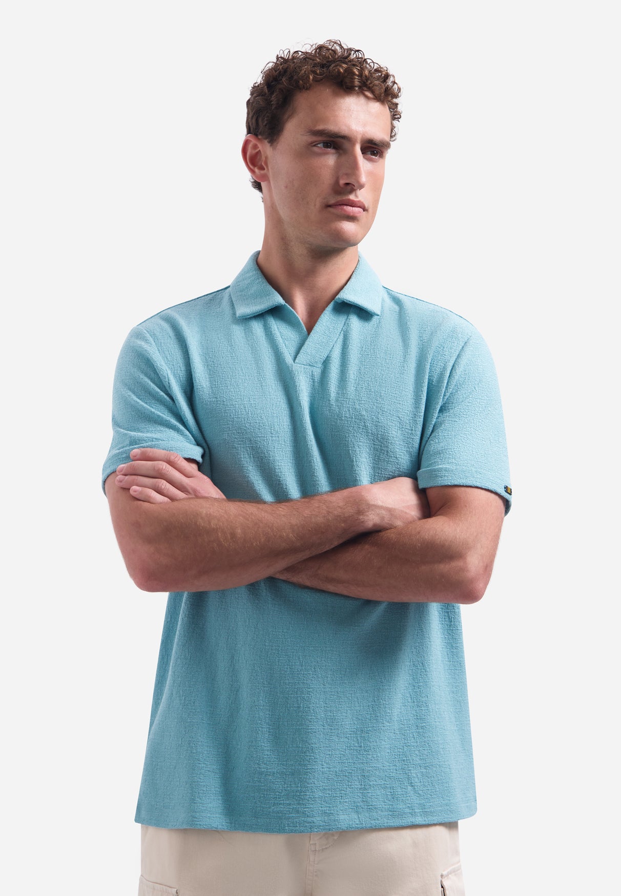 Short-sleeve textured V-neck polo | Seablue