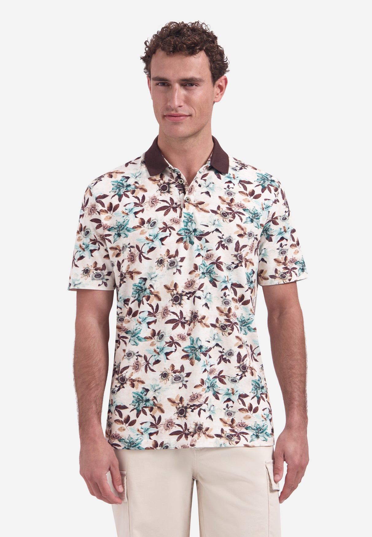 Short-sleeve polo with V-neck and floral print | Seablue