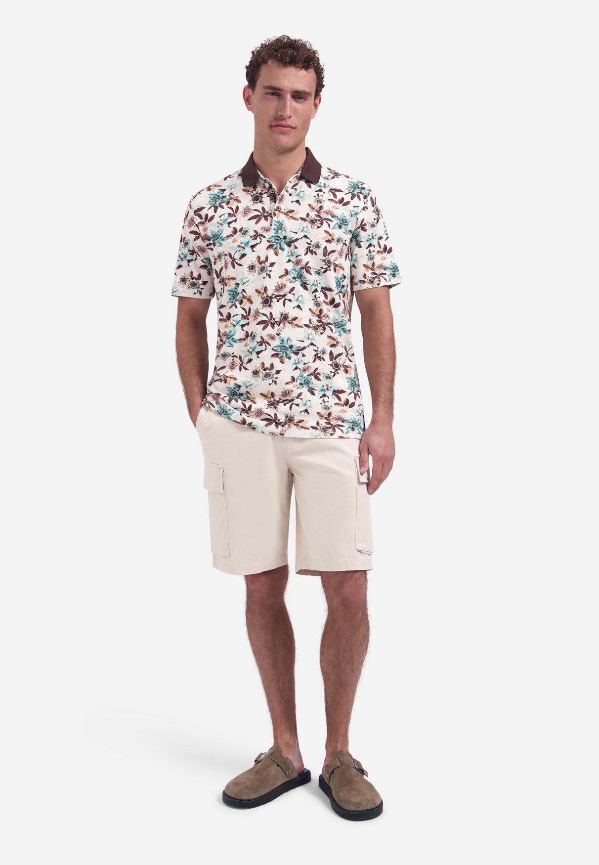 Short-sleeve polo with V-neck and floral print | Seablue