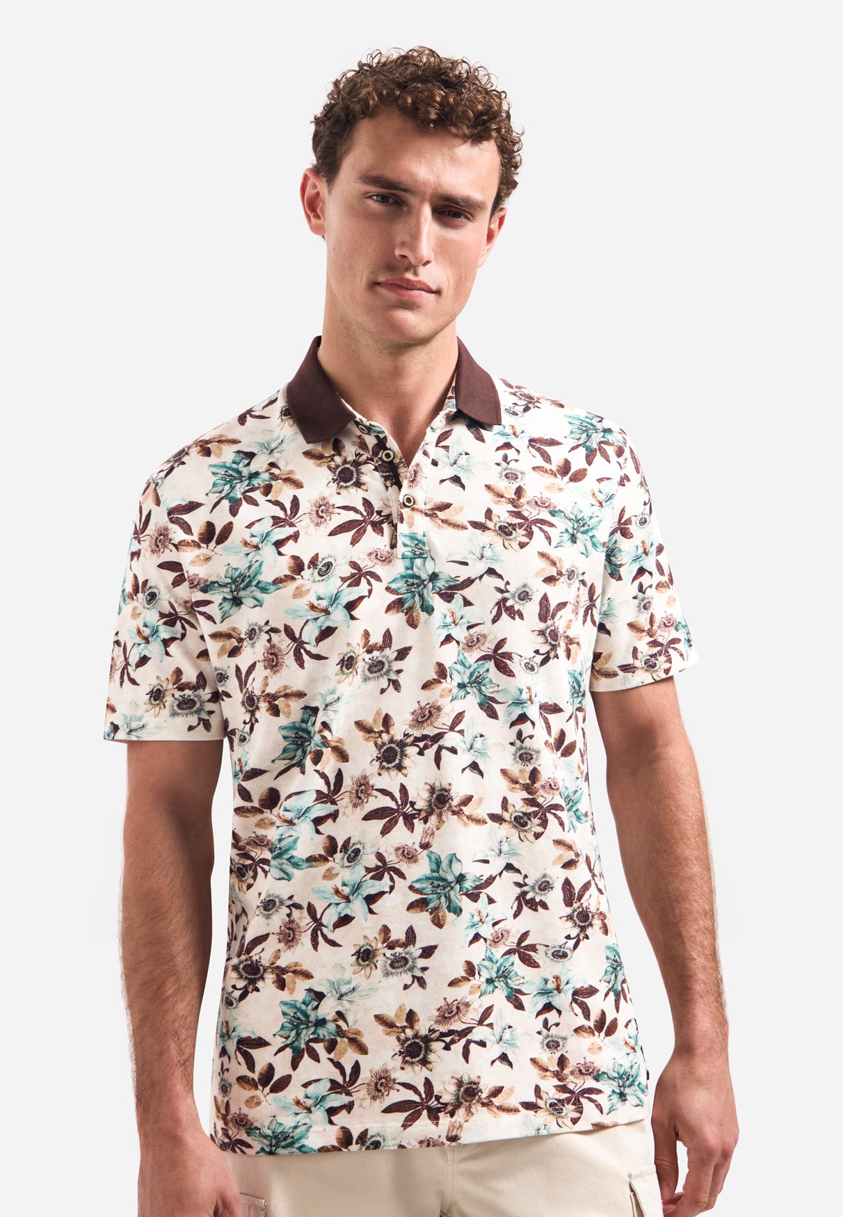 Short-sleeve polo with V-neck and floral print | Seablue