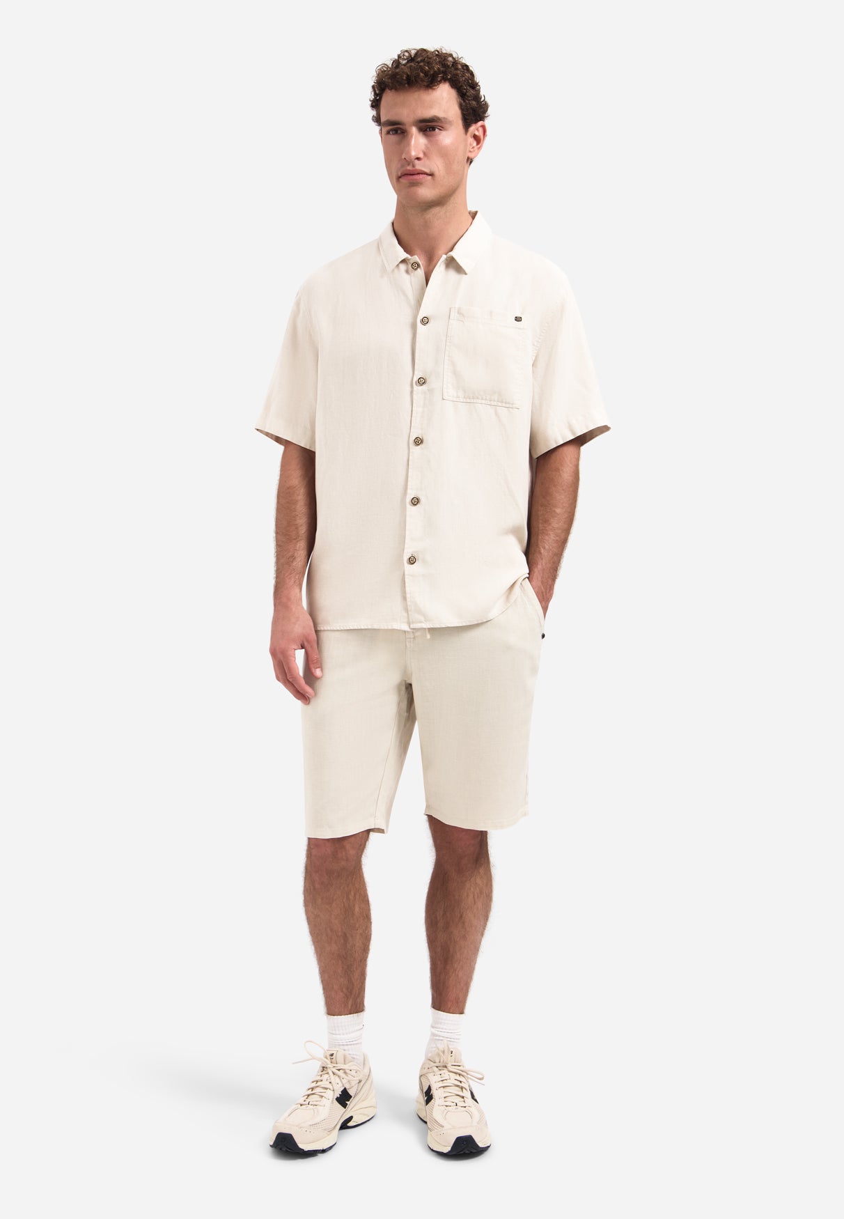 Short-sleeve linnen blend shirt | Stone