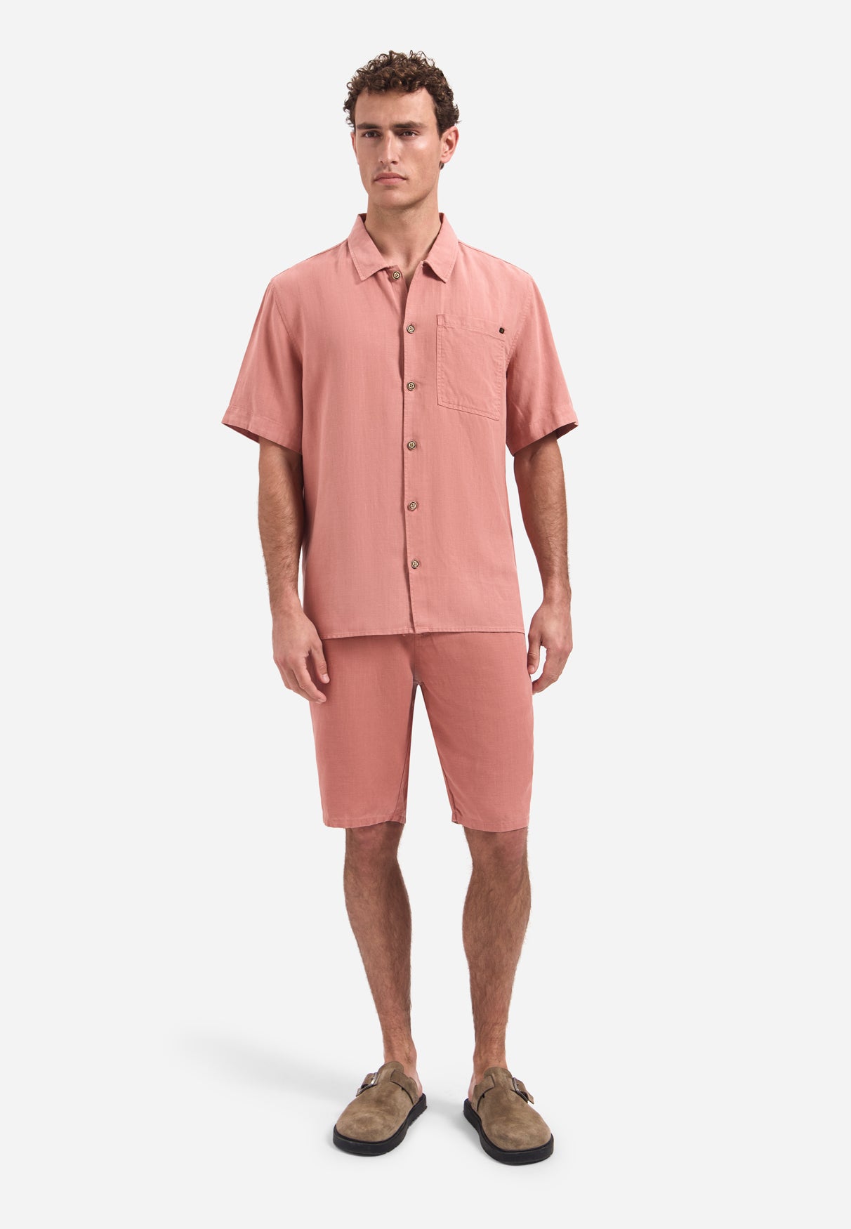 Short-sleeve linnen blend shirt | Coral