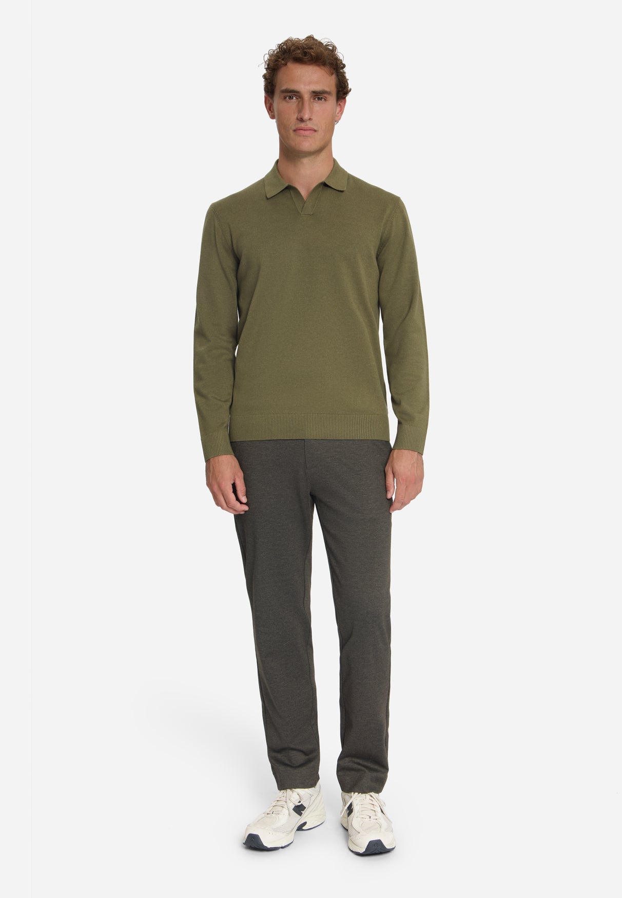 Fine Knit Polo Jumper | Moss