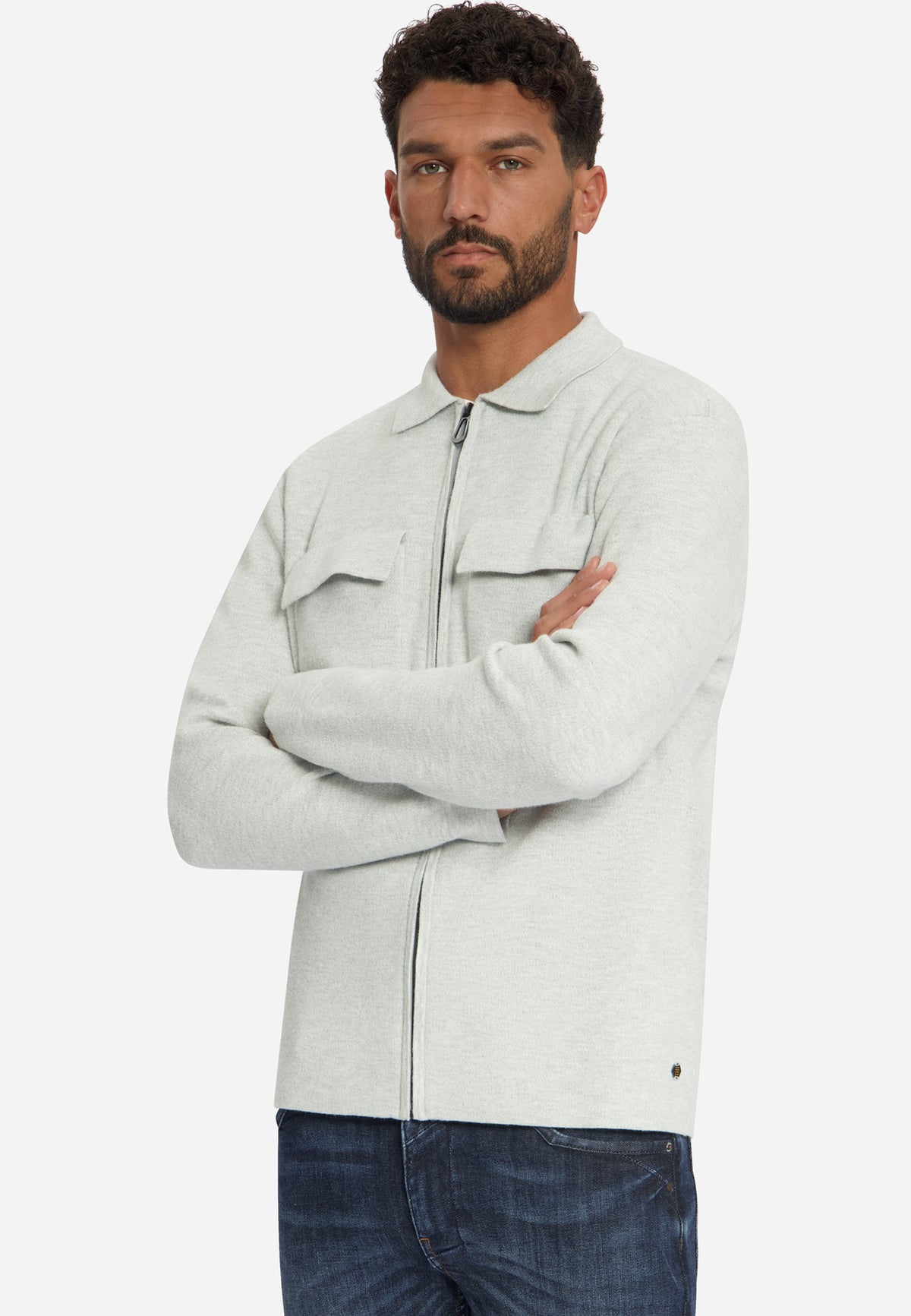 Zip-Up Knit Cardigan | Light Grey Melange