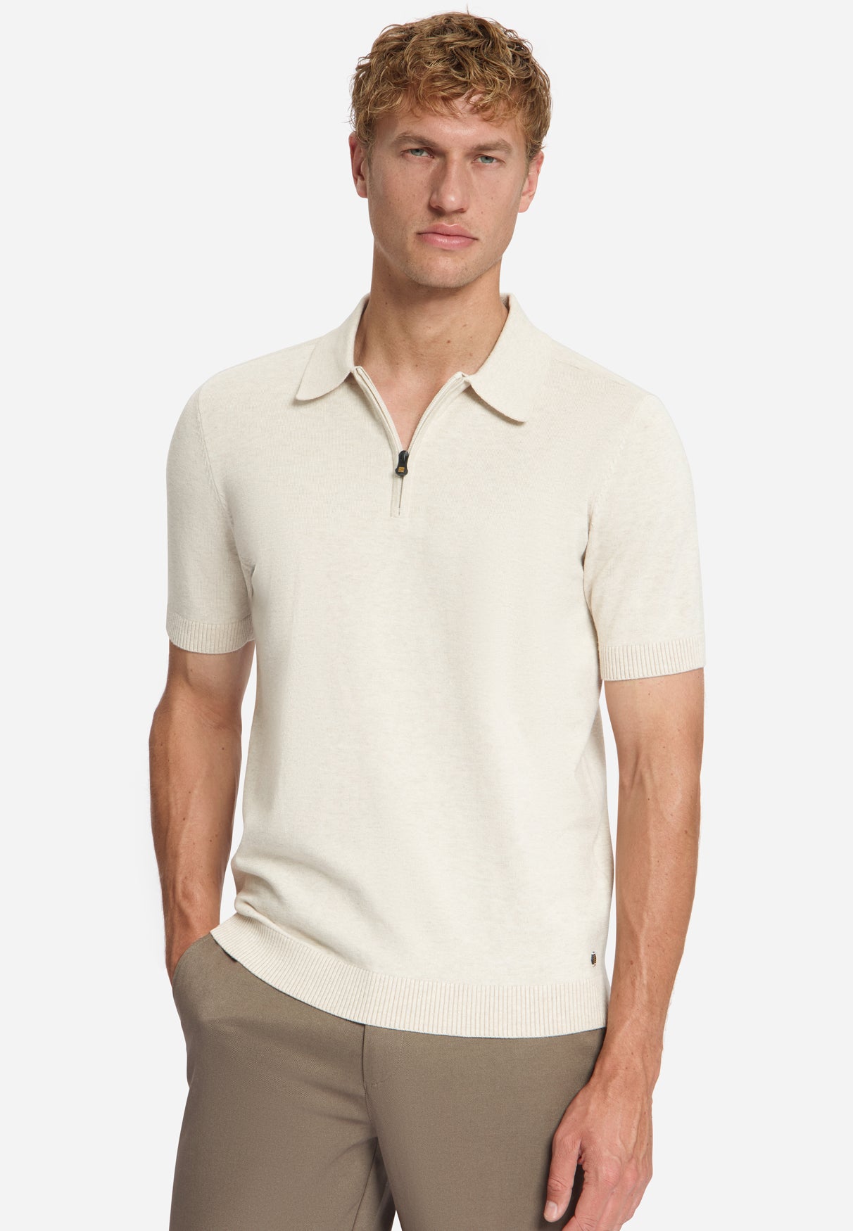 Feinstrick Zip-Polo | Stone