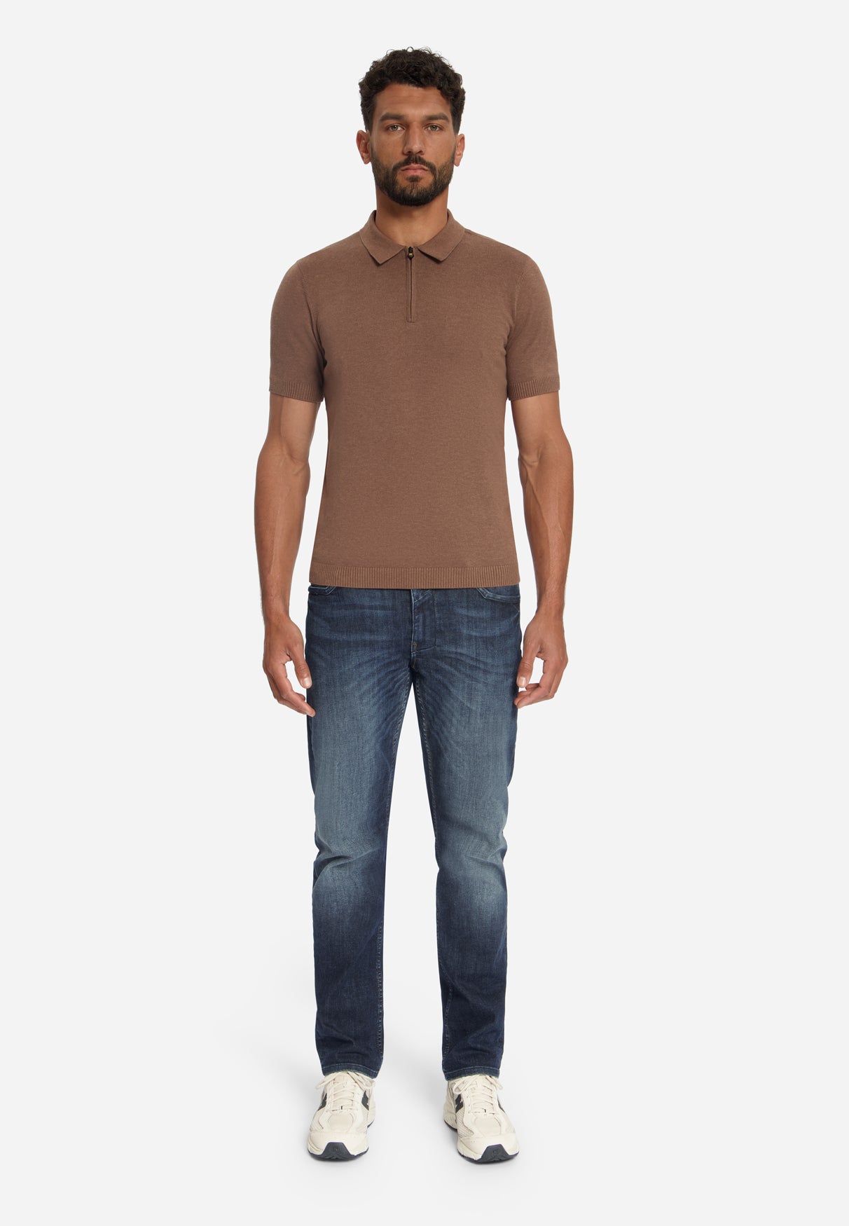 Fine Knit Zip Polo | Light Brown
