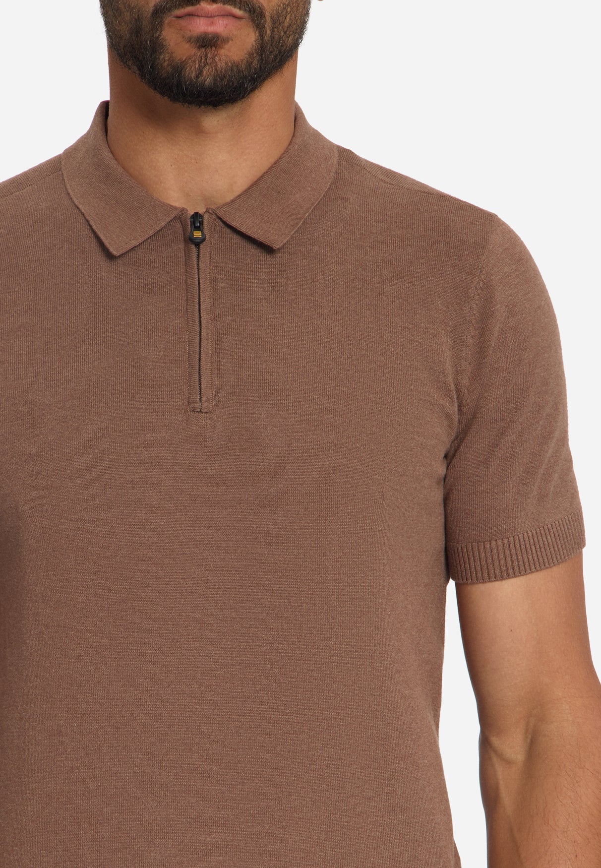 Fine Knit Zip Polo | Light Brown