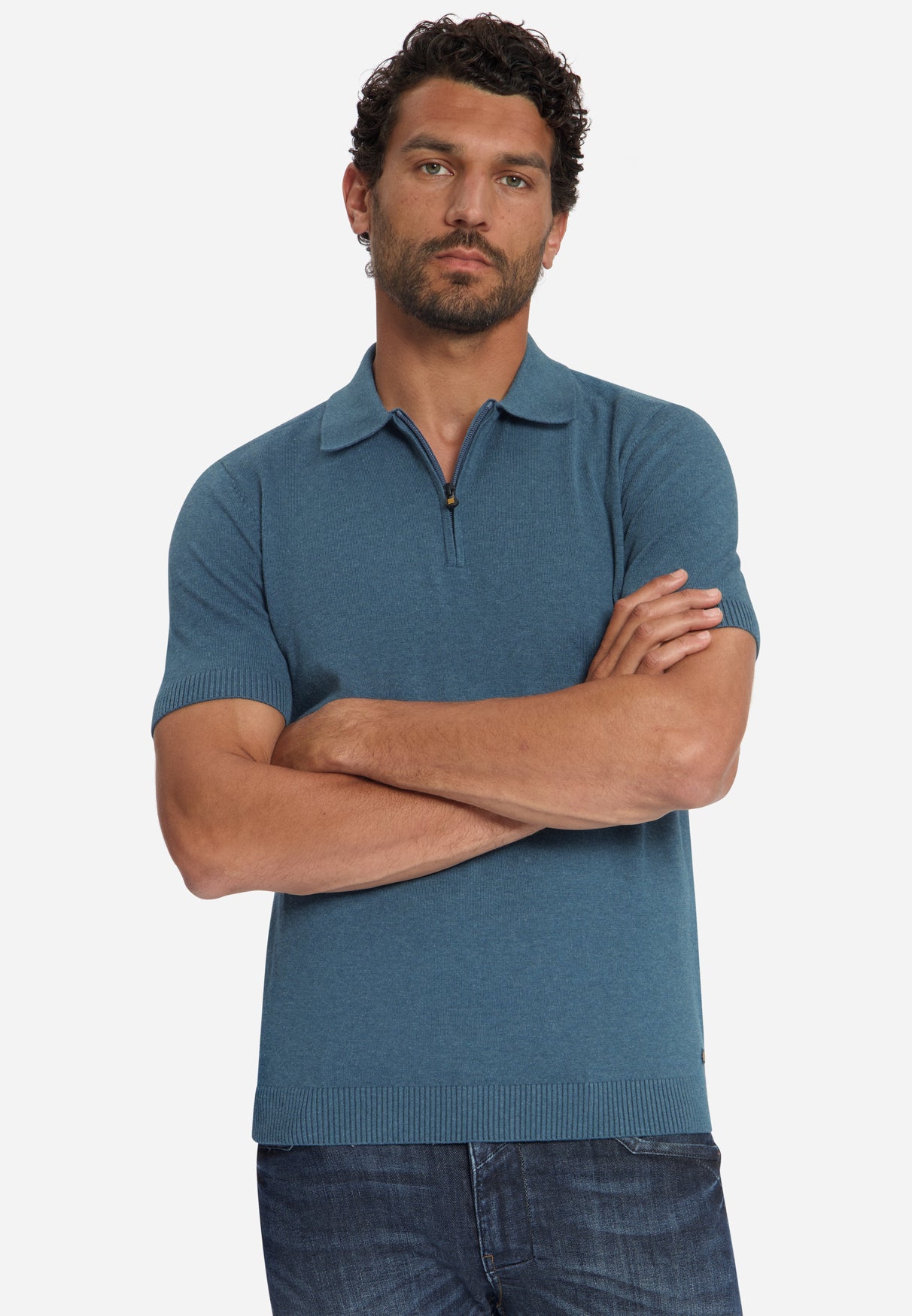 Fine Knit Zip Polo | Shadow Blue