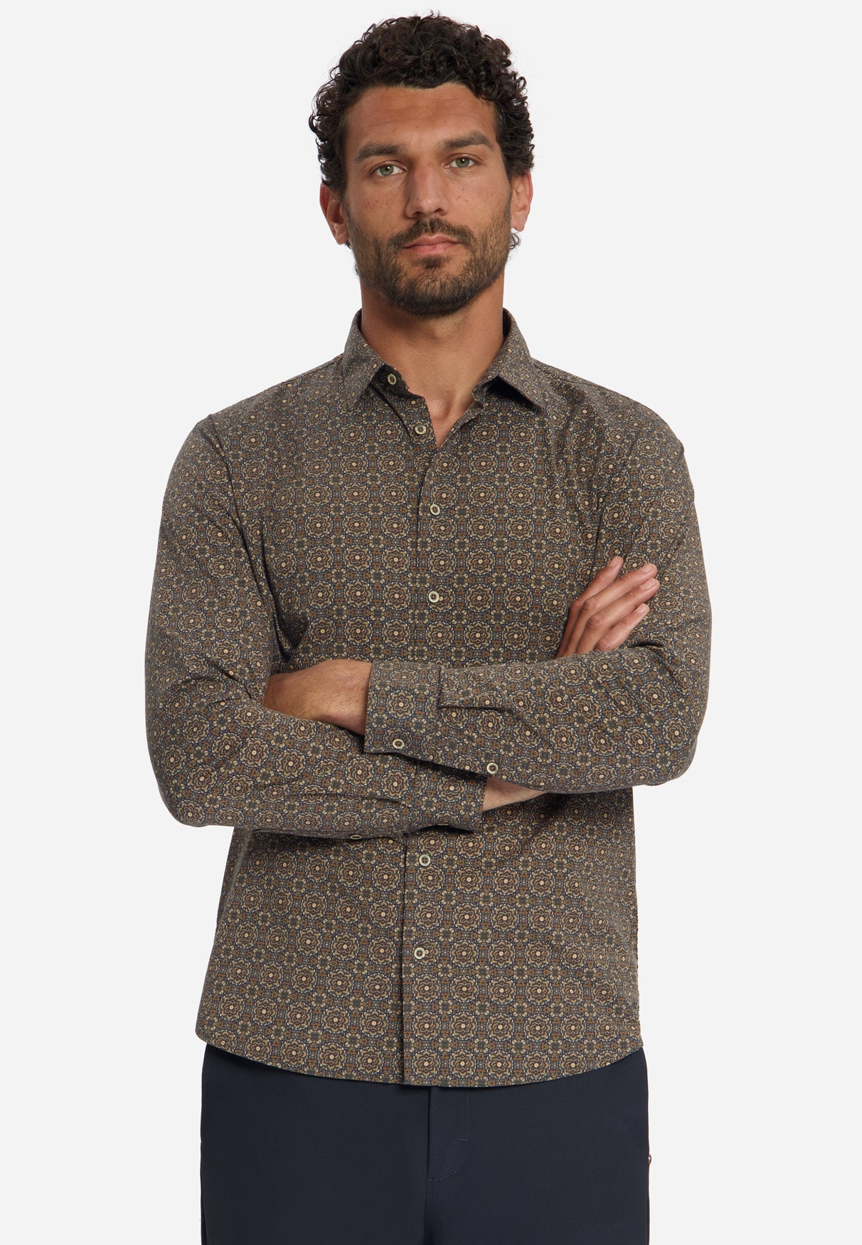 Geometrisch Gemustertes Stretch-Hemd | Caramel