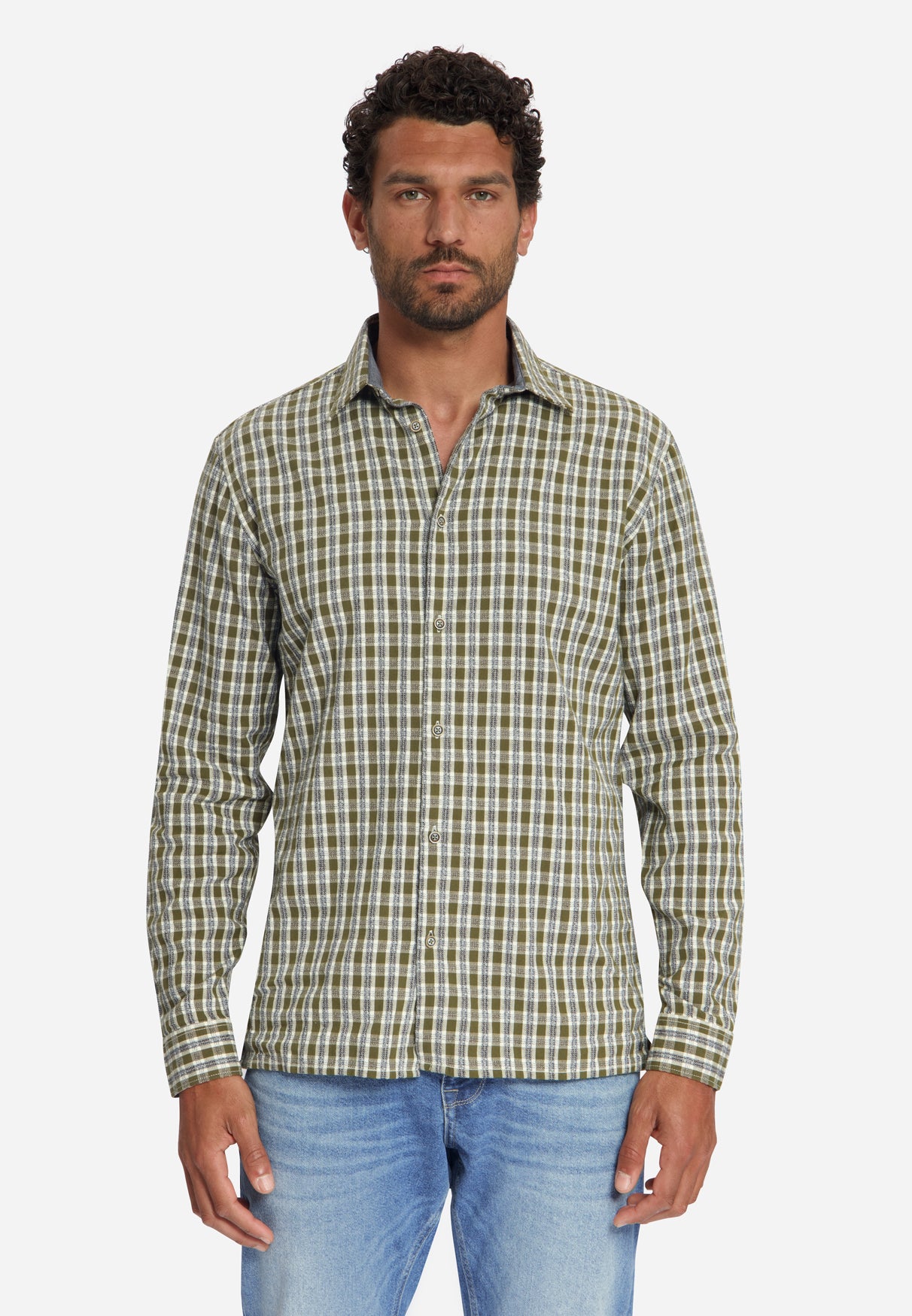 Shirt Yarn Dyed Small Check, Dobby Weave | Moss