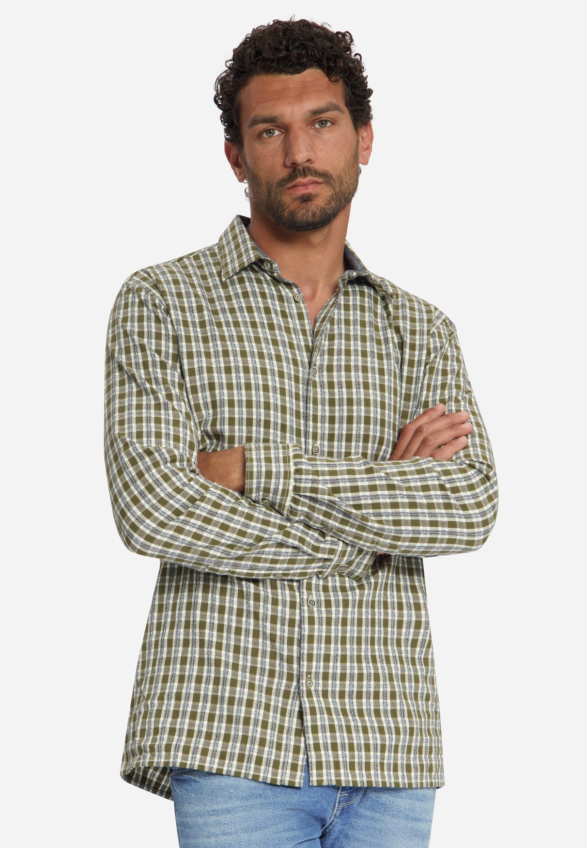 Shirt Yarn Dyed Small Check, Dobby Weave | Moss