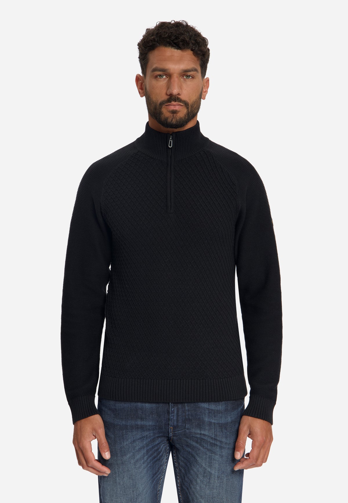 Pullover mit Zopfmuster und halbem Reißverschluss | Schwarz