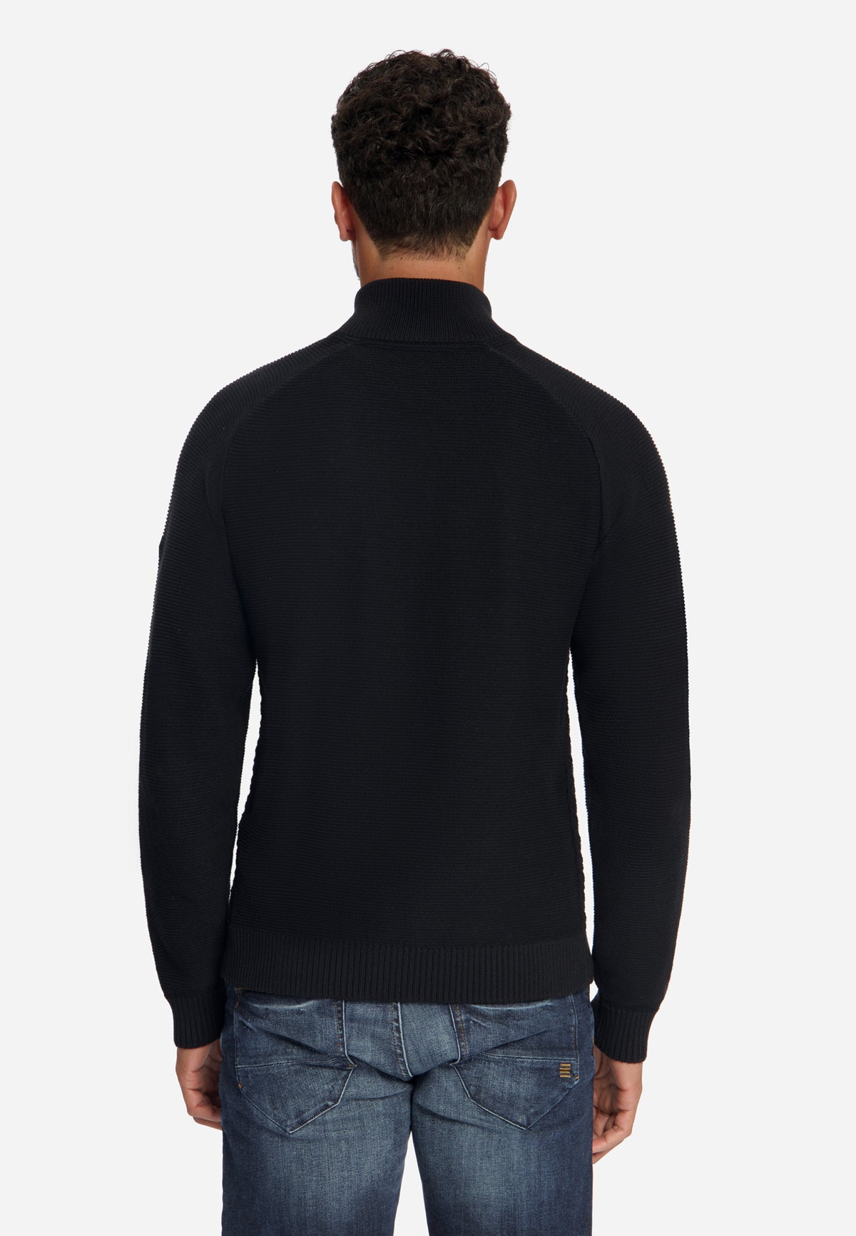 Pullover mit Zopfmuster und halbem Reißverschluss | Schwarz