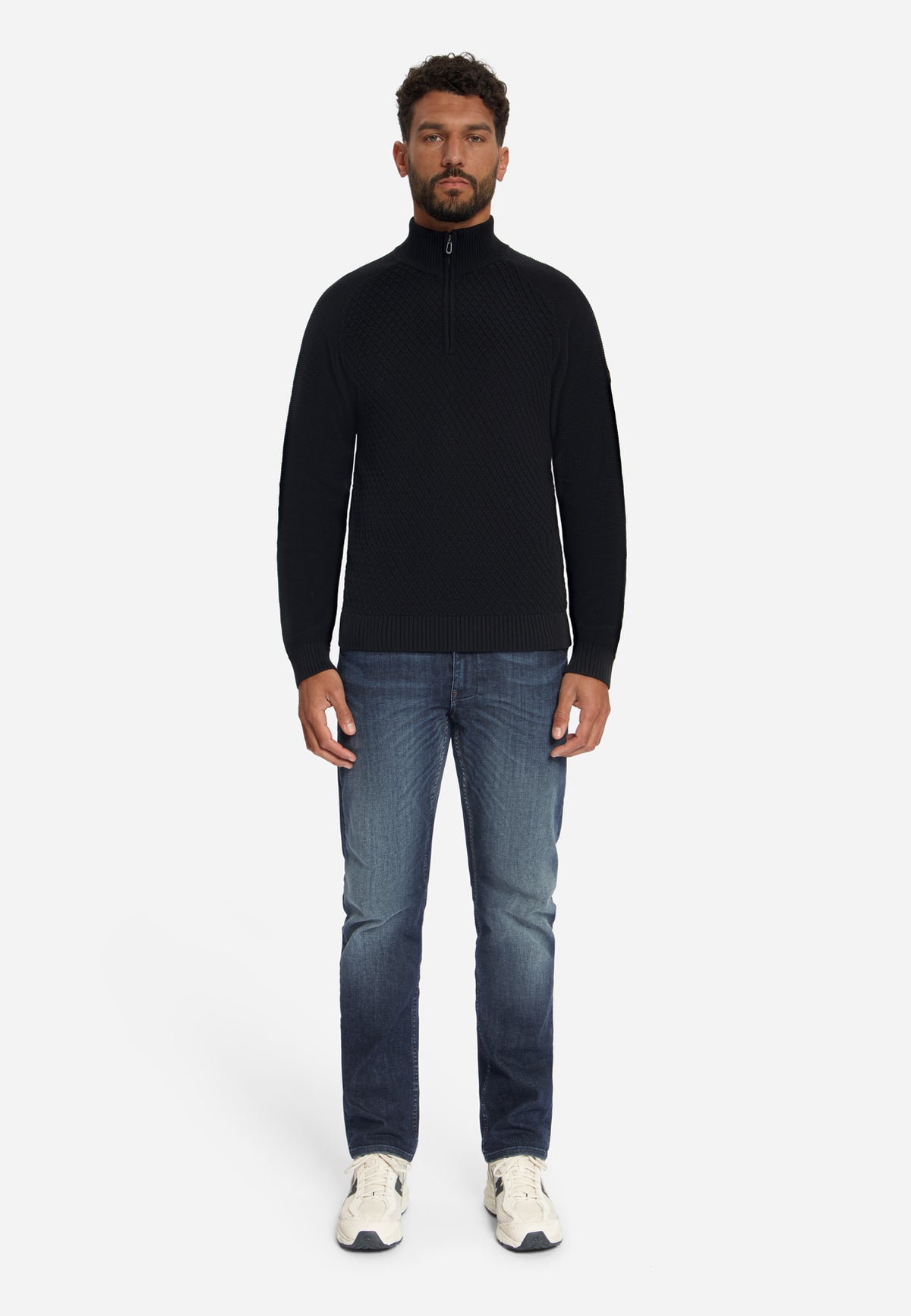 Pullover mit Zopfmuster und halbem Reißverschluss | Schwarz