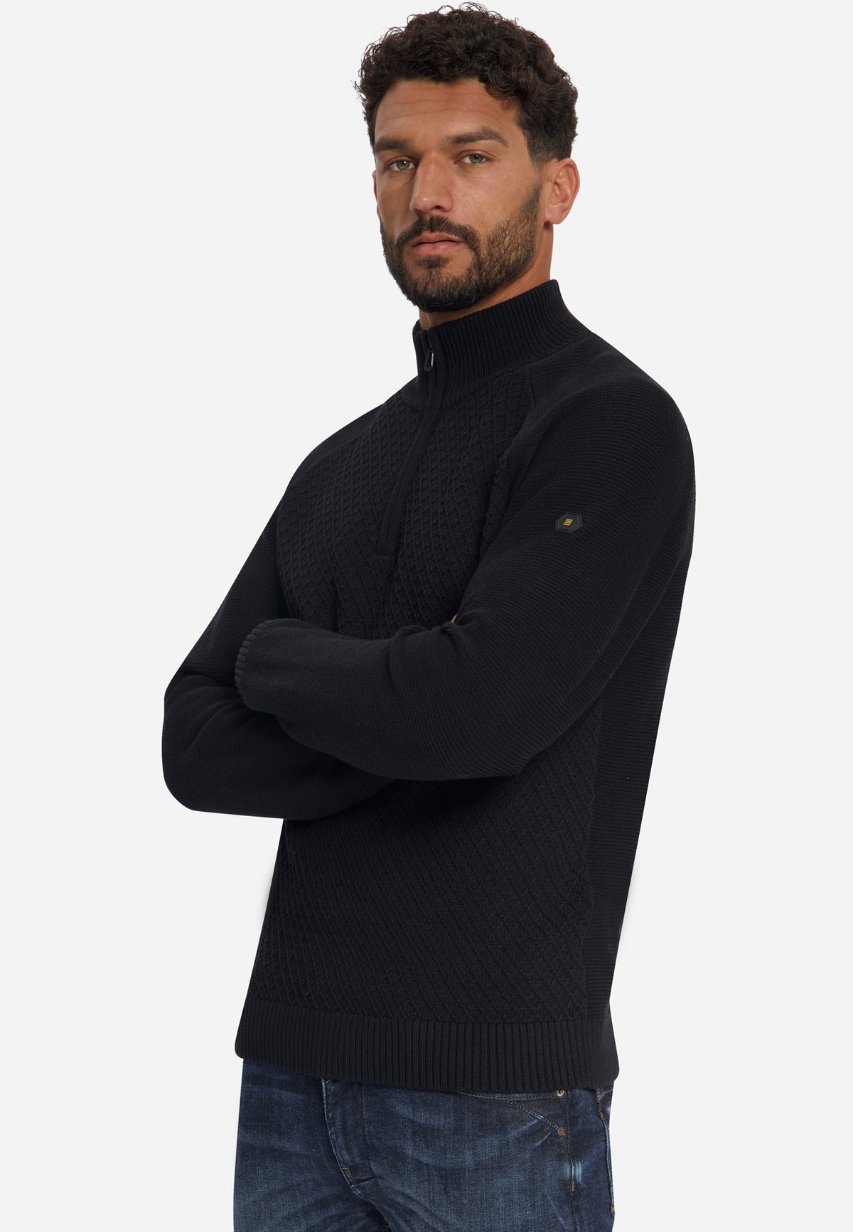 Pullover mit Zopfmuster und halbem Reißverschluss | Schwarz