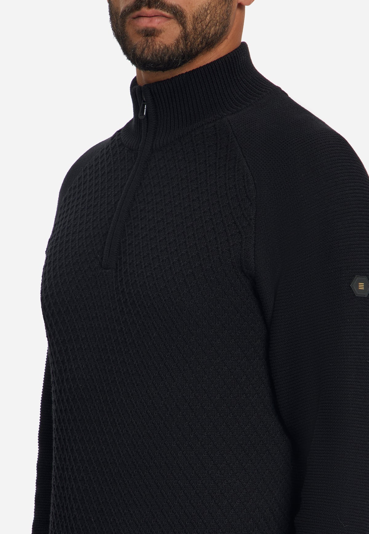 Pullover mit Zopfmuster und halbem Reißverschluss | Schwarz