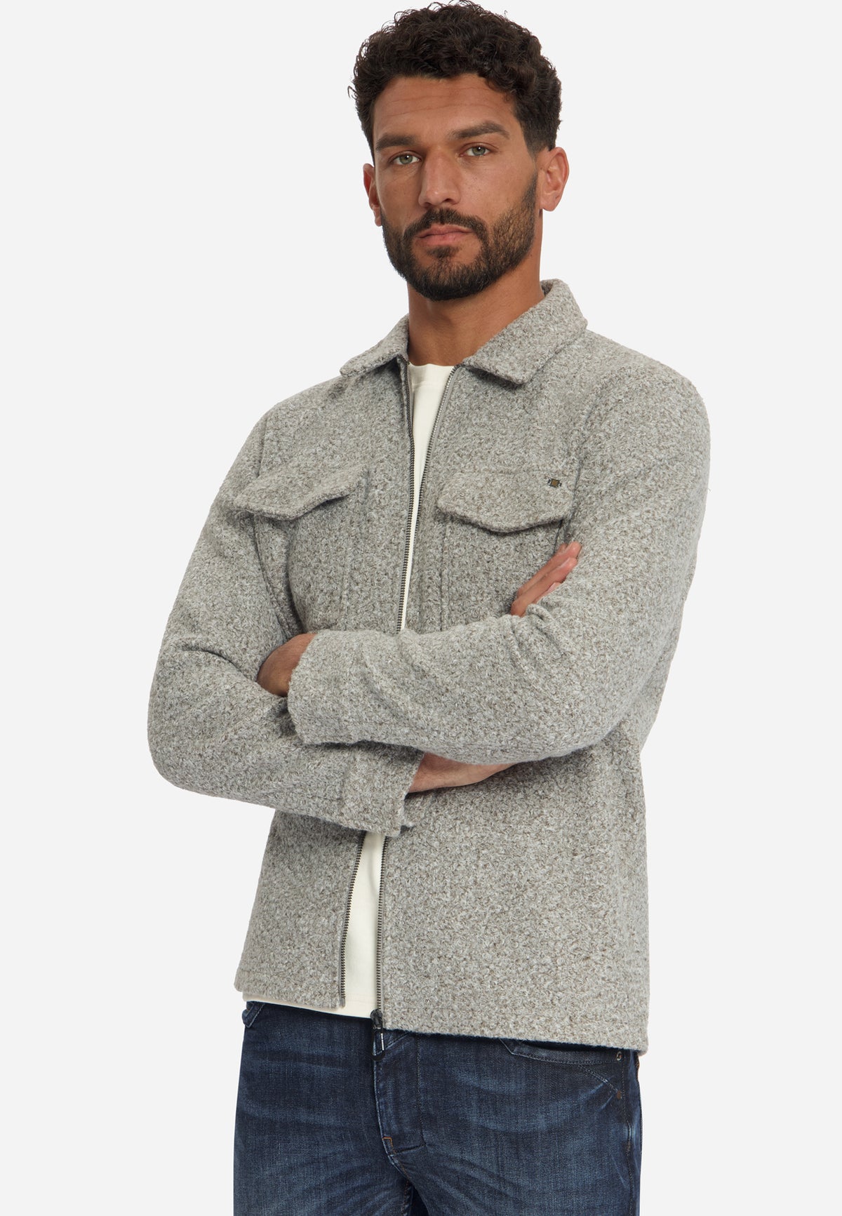 Bouclé Zip-Up Overshirt | Grey Melange